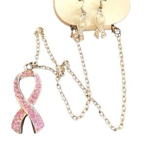 Pink Rhinestone Ribbon Necklace & Earring Set Breast Cancer Awareness Jewelry